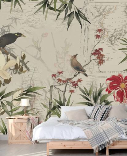 Andrea Haasen mukautettu chinoiserie-karttamaalaus nimeltä Chinoiserie Birds and Map Andrea Haasen mukautettu chinoiserie-karttamaalaus nimeltä Chinoiserie Birds and Map