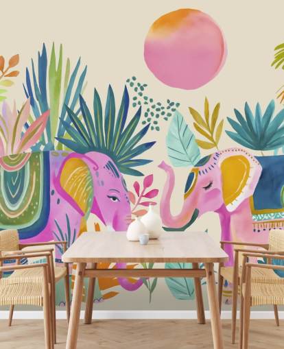 farbenfrohes Wandbild namens Colourful Elephants von Andrea Haase
