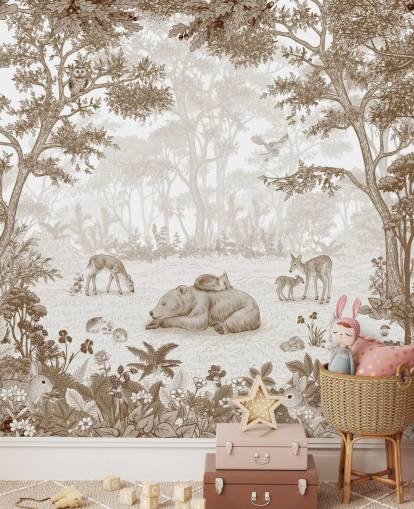 mural florestal infantil feito sob medida em tons de sépia chamado Sleepy Bear - Sepia