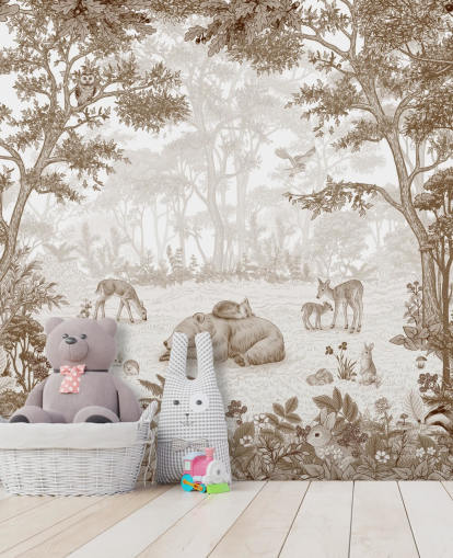 Peinture murale sur mesure en forme de forêt pour enfants aux tons sépia intitulée Sleepy Bear - Sépia Peinture murale sur mesure en forme de forêt pour enfants aux tons sépia intitulée Sleepy Bear - Sépia