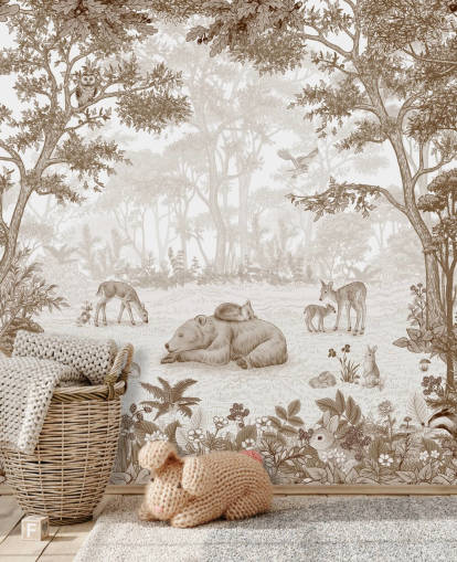 sepia toned made to measure kids forest mural called Sleepy Bear - Sepia