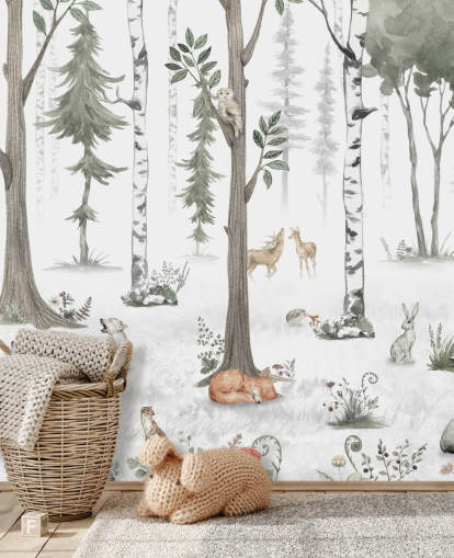 white made to measure kids forest wall mural by Kikki Belle