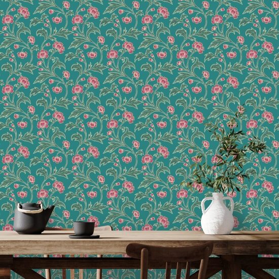 Climbing Cornflower Peacock Floral Wallpaper