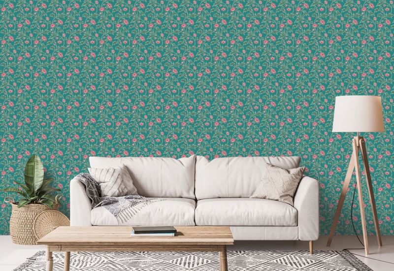 Climbing Cornflower Peacock Floral Wallpaper
