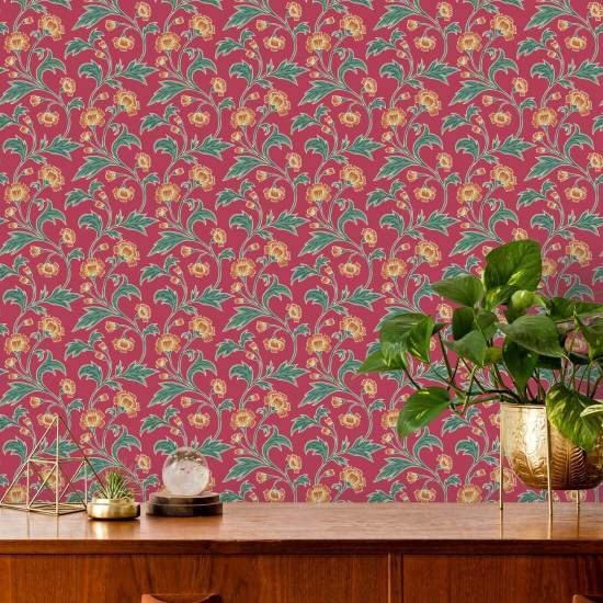 Climbing Cornflower Scarlet Vintage Wallpaper