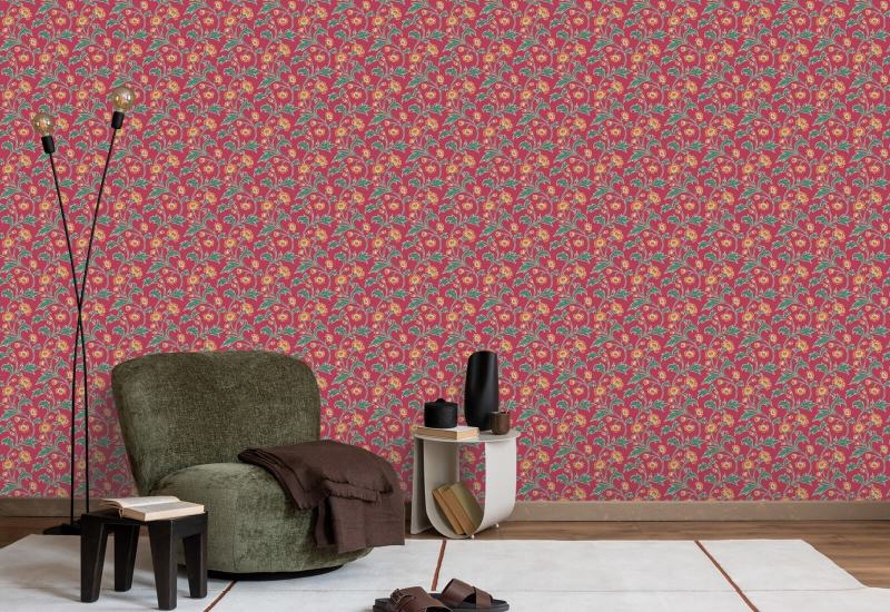 Climbing Cornflower Scarlet Vintage Wallpaper