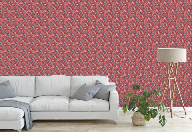 Climbing Cornflower Scarlet Vintage Wallpaper