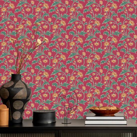 Climbing Cornflower Scarlet Vintage Wallpaper