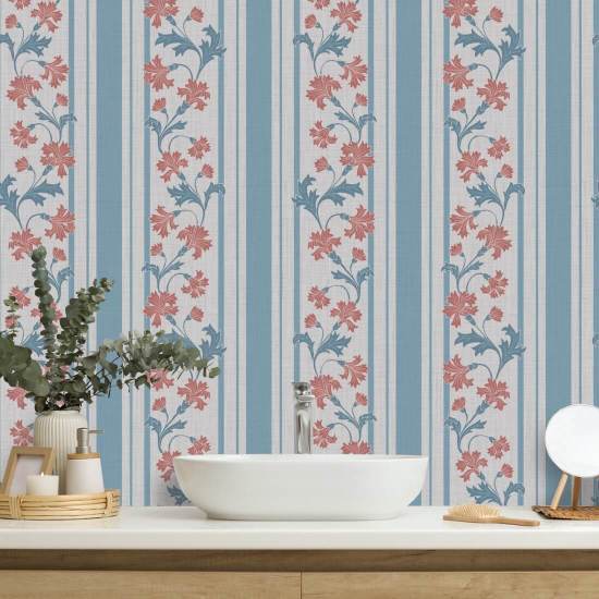 Cornflower Stripe Blossom Floral Wallpaper