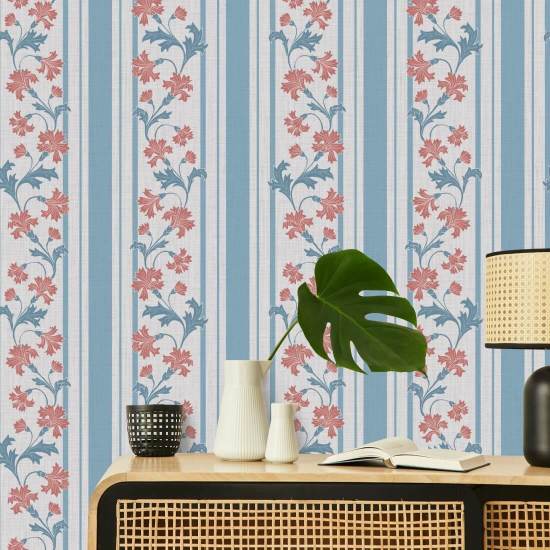 Cornflower Stripe Blossom Floral Wallpaper