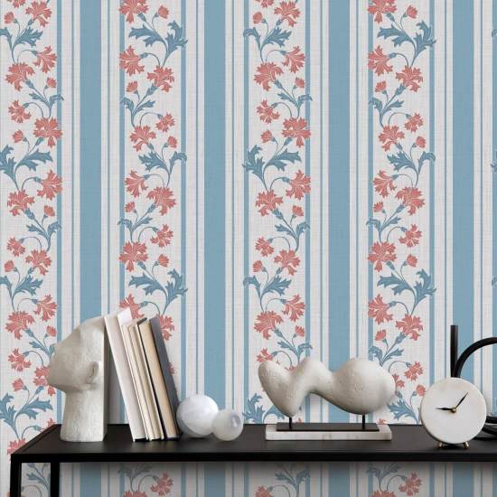 Cornflower Stripe Blossom Floral Wallpaper