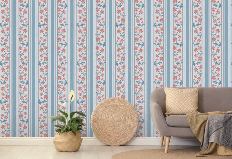 Cornflower Stripe Blossom Floral Wallpaper
