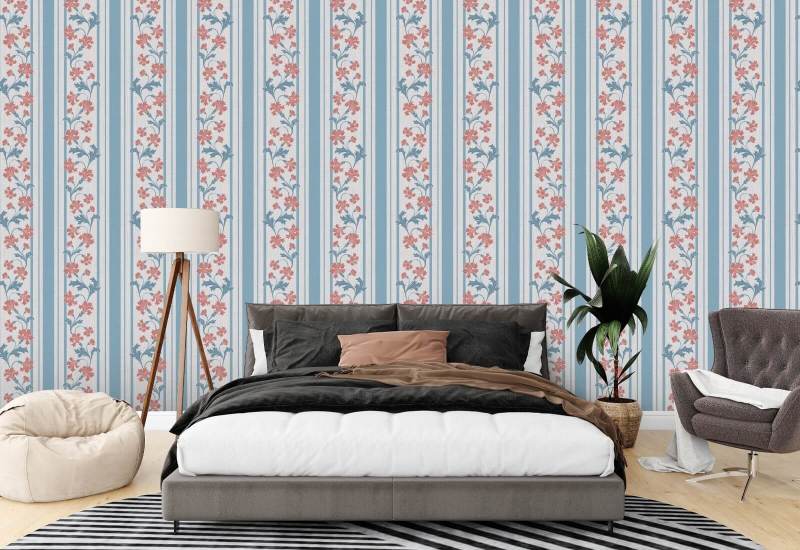 Cornflower Stripe Blossom Floral Wallpaper