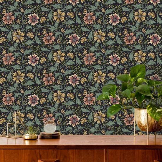Cornflower Swirl Midnight Floral Wallpaper