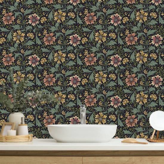 Cornflower Swirl Midnight Floral Wallpaper