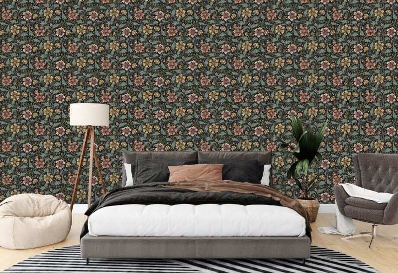 Cornflower Swirl Midnight Papier peint floral