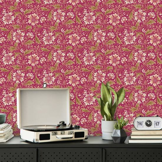 Cornflower Swirl Crimson Floral Wallpaper