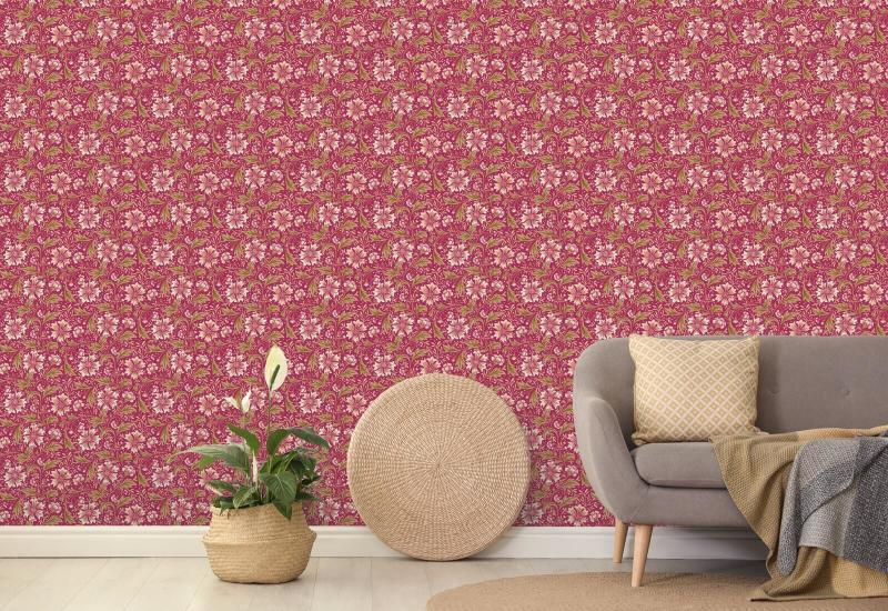 Cornflower Swirl Crimson Floral Wallpaper