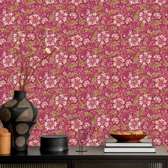 Cornflower Swirl Crimson Papier peint floral