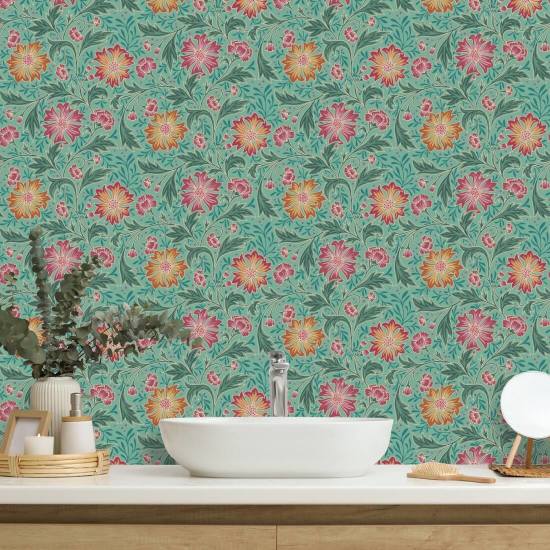 Cornflower Swirl Turquoise Floral Wallpaper