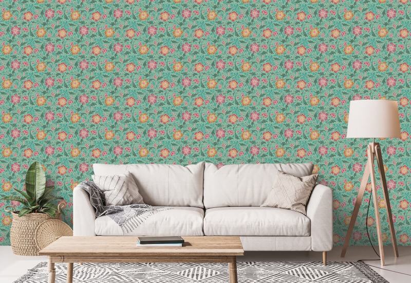 Cornflower Swirl Turquoise Floral Wallpaper
