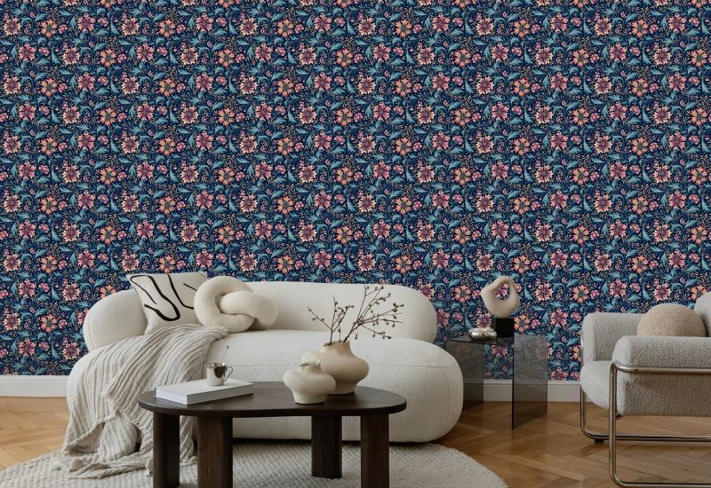 Cornflower Swirl Eclipse Dark Floral Wallpaper