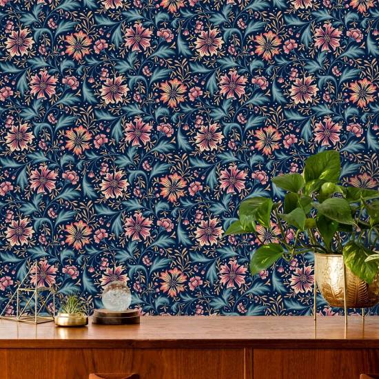 Cornflower Swirl Eclipse Dark Floral Wallpaper
