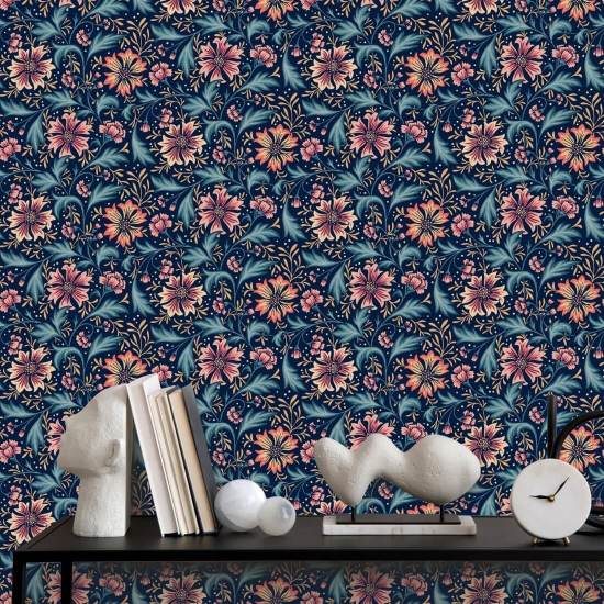 Cornflower Swirl Eclipse Dark Floral Wallpaper