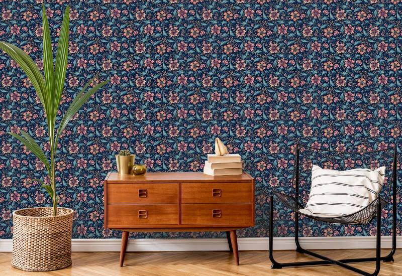Cornflower Swirl Eclipse Dark Floral Wallpaper