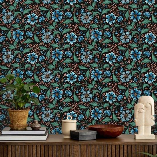Cornflower Swirl Dusk Dark Floral Wallpaper