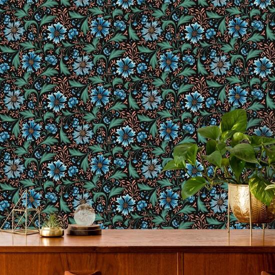 Cornflower Swirl Dusk Dark Floral Wallpaper