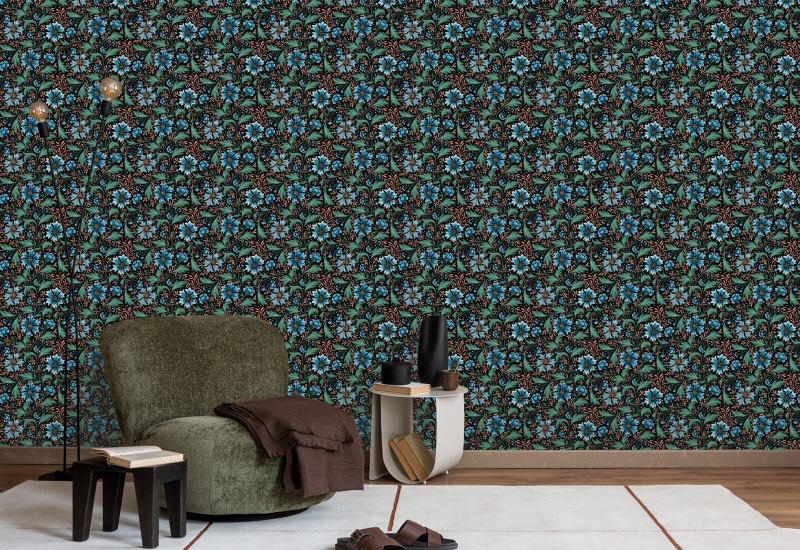 Cornflower Swirl Dusk Dark Floral Wallpaper