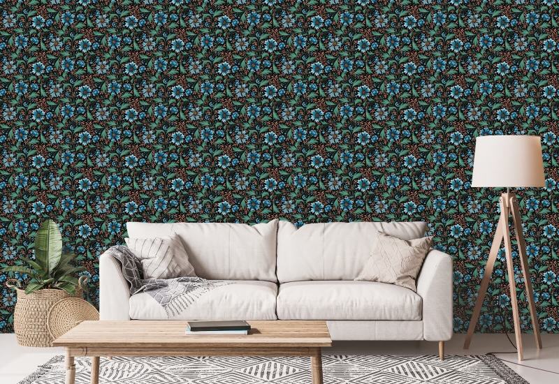 Cornflower Swirl Dusk Dark Floral Wallpaper