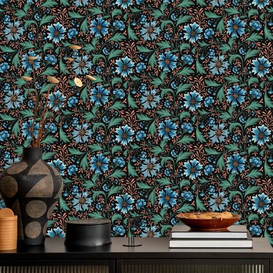 Cornflower Swirl Dusk Dark Floral Wallpaper