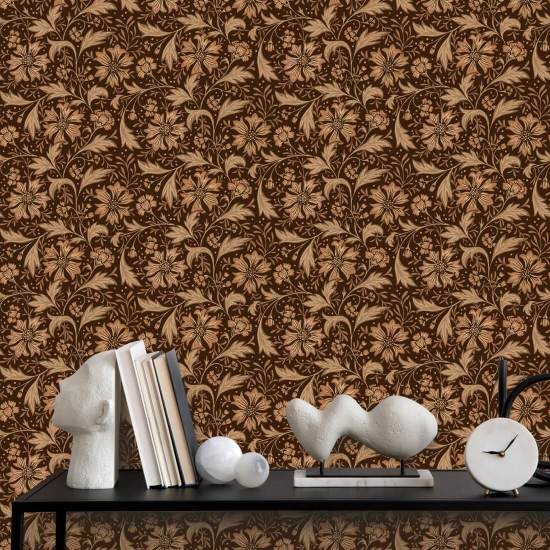 Cornflower Swirl Chestnut Brown Floral Wallpaper