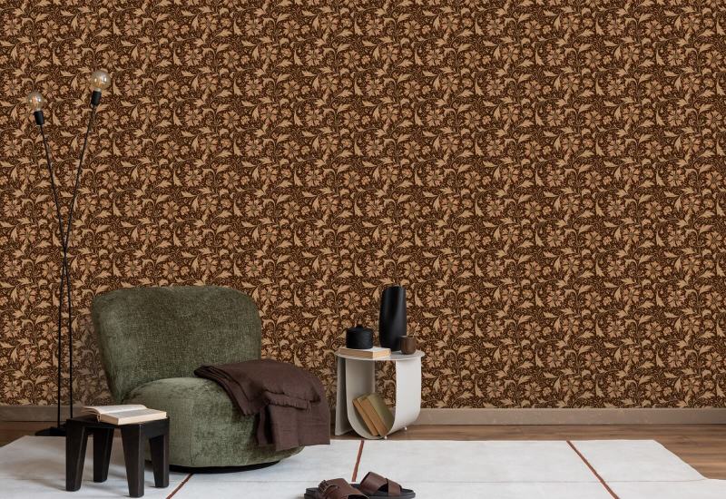 Cornflower Swirl Chestnut Brown Floral Wallpaper