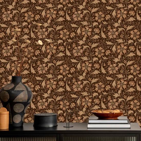 Fiordaliso Swirl Chestnut Carta da parati floreale marrone
