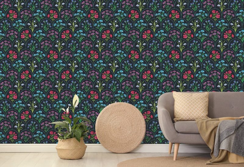 Obsidian mit floraler Jakobsmuschel Blumentapete