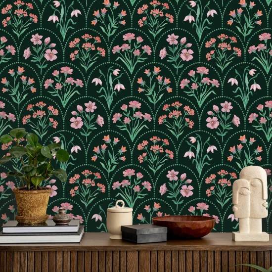 Floral Scallop Dark Donker bloemenbehang