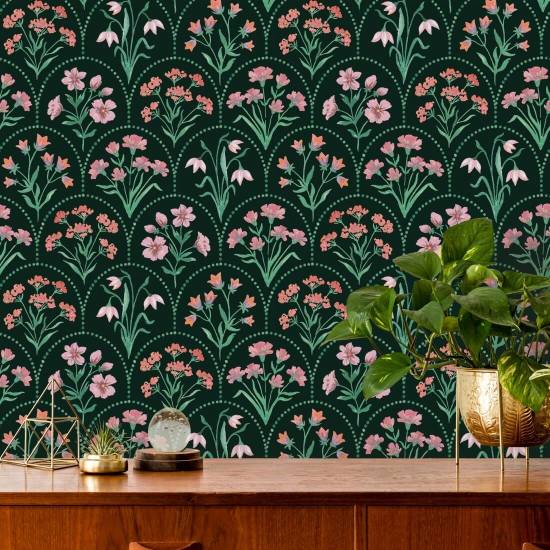Floral Scallop Dark Dark Floral Wallpaper
