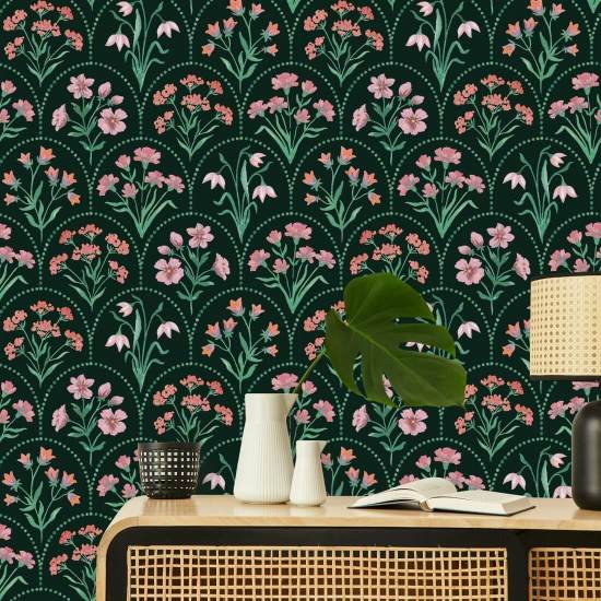 Floral Scallop Dark Dark Floral Wallpaper