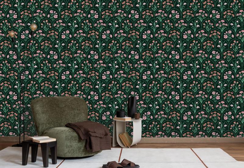 Floral Scallop Dark Dark Floral Wallpaper