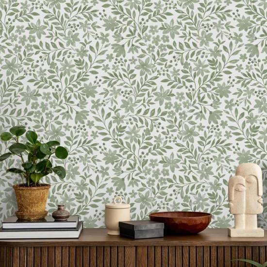 Garden Blooms Sage Green Floral Wallpaper