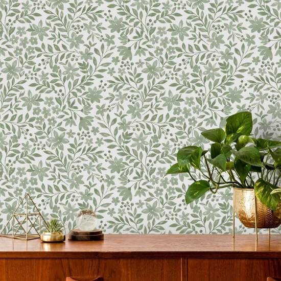 Garden Blooms Sage Green Floral Wallpaper
