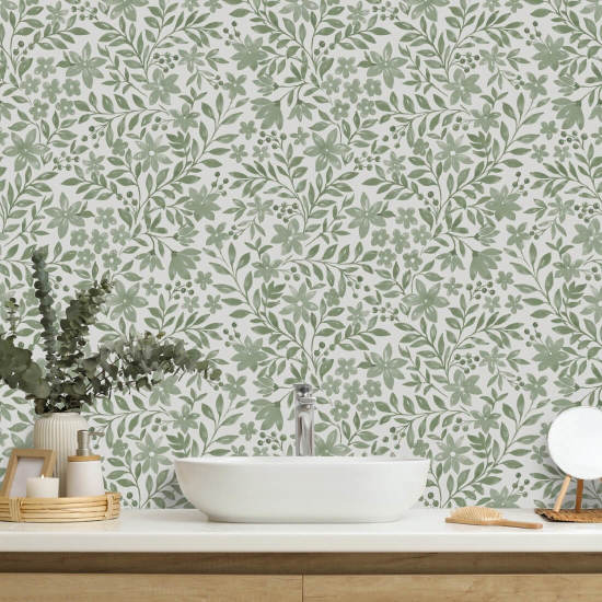 Garden Blooms Sage Green Floral Wallpaper