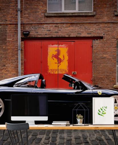 black and red custom ferrari wall mural called Ferrari 348 Spider Garage for home offices, bedrooms and man caves black and red custom ferrari wall mural called Ferrari 348 Spider Garage for home offices, bedrooms and man caves