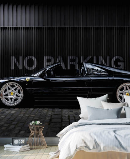svart anpassningsbar sportbilväggmålning kallad Ferrari No Parking av fotografen Anthony Bryant för hemmakontor, mangrottor och tonårsrum svart anpassningsbar sportbilväggmålning kallad Ferrari No Parking av fotografen Anthony Bryant för hemmakontor, mangrottor och tonårsrum