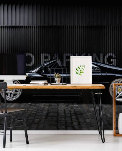 black customisable sports car mural called Ferrari No Parking by photographer Anthony Bryant for home offices, man caves and teen rooms