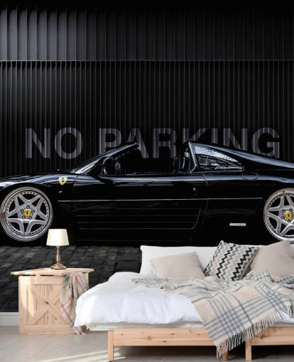 zwarte aanpasbare muurschildering voor sportwagens genaamd Ferrari No Parking van fotograaf Anthony Bryant voor thuiskantoren, mancaves en tienerkamers zwarte aanpasbare muurschildering voor sportwagens genaamd Ferrari No Parking van fotograaf Anthony Bryant voor thuiskantoren, mancaves en tienerkamers