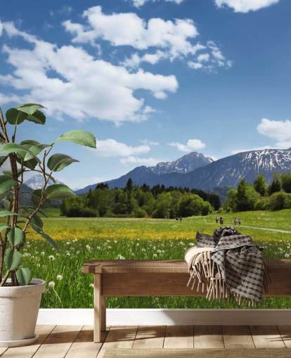 Decorazione murale con vista su prati e montagne